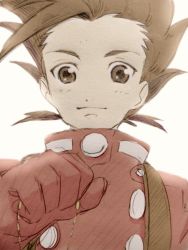 Rule 34 | 00s, 1boy, brown eyes, brown hair, jewelry, lloyd irving, male focus, necklace, short hair, simple background, smile, solo, suspenders, tales of (series), tales of symphonia