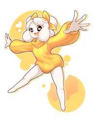 Rule 34 | 1girl, absurdres, bare legs, barefoot, black eyes, blush, borrowed character, colored skin, egg, egg (lemyawn), fizintine, food-themed hair ornament, full body, hair ornament, heart, heart-shaped pupils, highres, long sleeves, looking at viewer, original, outstretched arms, short hair, smile, sweater, symbol-shaped pupils, thick eyebrows, white hair, white skin, yellow sweater