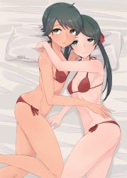 Rule 34 | 2girls, alakoala, bikini, black hair, breasts, commentary request, cowboy shot, dated, green eyes, halterneck, highres, kantai collection, long hair, looking at viewer, lying, micro bikini, mikuma (kancolle), mogami (kancolle), multiple girls, on side, pillow, red bikini, short hair, side-tie bikini bottom, signature, small breasts, swept bangs, swimsuit, twintails