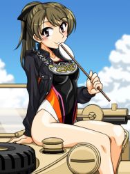Rule 34 | 1girl, black one-piece swimsuit, black ribbon, black shirt, blue sky, brown eyes, brown hair, closed mouth, cloud, cloudy sky, collared shirt, commentary, competition swimsuit, day, emblem, english text, girls und panzer, hair ribbon, holding, japanese tankery league (emblem), long sleeves, looking at viewer, medallion, medium hair, on vehicle, one-piece swimsuit, oosaka kanagawa, open clothes, open shirt, outdoors, ponytail, ribbon, shirt, sign, sitting, sky, smile, solo, swimsuit, takashima remi
