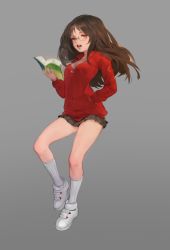 Rule 34 | 1girl, absurdres, bad id, bad pixiv id, black skirt, brown hair, destiny child, full body, grey background, hand in pocket, highres, jacket, kneehighs, looking at viewer, microskirt, nail polish, open mouth, orange eyes, pleated skirt, red jacket, red nails, skirt, socks, solo, standing, sweatdrop, uthy, white socks, zipper