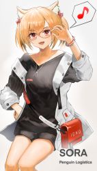Rule 34 | 1girl, absurdres, alternate costume, animal ear fluff, animal ears, arknights, bad id, bad pixiv id, bag, black shirt, blonde hair, character name, collarbone, commentary request, fangs, feet out of frame, glasses, hachiko (0088), highres, jacket, looking at viewer, musical note, open clothes, open jacket, open mouth, red eyes, shirt, short hair, simple background, smile, solo, sora (arknights), white background, wolf ears
