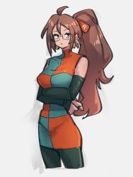 Rule 34 | 1girl, alternate hairstyle, android 21, black sleeves, blue eyes, breasts, brown hair, checkered clothes, checkered dress, detached sleeves, dragon ball, dragon ball fighterz, dress, glasses, grey background, kemachiku, long hair, looking at viewer, medium breasts, ponytail, red ribbon army, simple background, solo