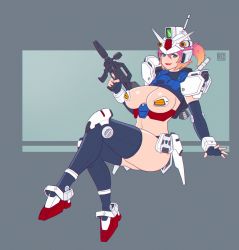 Rule 34 | 1girl, absurdres, antennae, armor, beam rifle, breasts, cleavage, elbow gloves, energy gun, finger on trigger, fingerless gloves, full body, gloves, green eyes, gun, gundam, gundam 0083, gundam gp-01 zephyranthes, helmet, highres, holding, holding gun, holding weapon, invisible chair, knee pads, large breasts, legs together, lipstick, looking at viewer, makeup, mecha musume, midriff, navel, pasties, personification, pink hair, riz, robot ears, short ponytail, shoulder armor, sitting, smile, solo, thick thighs, thighhighs, thighs, weapon