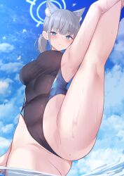 Rule 34 | 1girl, animal ear fluff, animal ears, armpits, black one-piece swimsuit, blue archive, blue eyes, blue halo, blush, breasts, competition swimsuit, covered navel, extra ears, grey hair, halo, highleg, highleg swimsuit, highres, looking at viewer, low ponytail, medium breasts, medium hair, multicolored clothes, multicolored swimsuit, one-piece swimsuit, school swimsuit, shiroko (blue archive), shiroko (swimsuit) (blue archive), solo, spread legs, swimsuit, thighs, wet, wet clothes, wet swimsuit, wolf ears, yoshiheihe