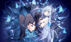 Rule 34 | 1girl, blue eyes, blue hair, blush, bug, butterfly, character request, commentary request, cowboy shot, date a live, dress, elbow gloves, gloves, high heels, insect, light blue hair, long hair, looking at viewer, parted lips, rie (reverie), sky, solo, star (sky), starry sky, thighhighs, tobiichi origami, zettai ryouiki