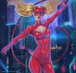 Rule 34 | 1girl, anolea, arm up, blonde hair, blue eyes, bodysuit, breasts, building, cat mask, city, cleavage, cleavage cutout, closed mouth, clothing cutout, domino mask, female focus, floating hair, gloves, half-closed eyes, highres, holding, holding weapon, holding whip, lips, lipstick, long hair, looking at viewer, makeup, mask, medium breasts, neck, persona, persona 5, purple gloves, red bodysuit, red lips, red mask, solo, standing, takamaki anne, twintails, weapon, whip