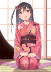 Rule 34 | 1girl, bow, brown hair, commentary request, day, fingernails, floral print, hair between eyes, hair bow, hands on lap, highres, indoors, japanese clothes, kimono, kooan, leaning to the side, long hair, long sleeves, nail polish, obi, one side up, original, pink kimono, print kimono, red bow, red eyes, red nails, sash, seiza, sitting, solo, sunlight, wide sleeves, window