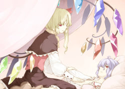 Rule 34 | 2girls, blonde hair, blue hair, capelet, comic, female focus, flandre scarlet, flat chest, girl on top, hair ribbon, hand on another&#039;s chest, incest, lying, multiple girls, no headwear, no headwear, on back, open clothes, open shirt, pillow, red eyes, remilia scarlet, ribbon, sakuraba yuuki, shirt, siblings, side ponytail, silent comic, sisters, sitting, sitting on person, skirt, skirt set, touhou, wings, yuri
