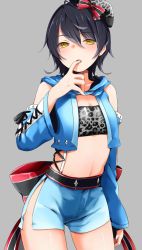 Rule 34 | 1girl, ahoge, akira ry0, bad id, bad twitter id, bandeau, bare shoulders, black hair, blue jacket, blue shorts, bow, breasts, cleavage, cowboy shot, cropped jacket, detached sleeves, finger to mouth, grey background, hair between eyes, hair bow, hand up, hat, hood, hood down, hooded jacket, jacket, kiratto pri chan, kurokawa suzu, long sleeves, looking at viewer, midriff, navel, open clothes, open jacket, parted lips, pelvic curtain, pretty series, red bow, short hair, shorts, sidelocks, simple background, small breasts, solo, standing, stomach, thighs, yellow eyes