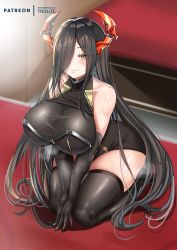 Rule 34 | 1girl, absurdres, azur lane, bare shoulders, black dress, black gloves, black hair, black thighhighs, blush, breasts, cleavage, closed mouth, collarbone, dress, elbow gloves, friedrich der grosse (azur lane), gloves, hair over one eye, highres, horns, huge breasts, long hair, looking at viewer, patreon username, red horns, seiza, sitting, smile, solo, steaming body, sweat, thighhighs, thighs, tnolize, very long hair, yellow eyes
