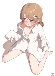 Rule 34 | 1girl, @ @, aged down, blush, breasts, button gap, collarbone, commission, convenient censoring, drill hair, flying sweatdrops, hair ornament, hairpin, highres, idolmaster, idolmaster cinderella girls, light brown hair, morikubo nono, myeolchi, naked shirt, no pants, oversized clothes, oversized shirt, shirt, simple background, sitting, sleeves past fingers, sleeves past wrists, small breasts, solo, sweatdrop, tearing up, wariza, white background