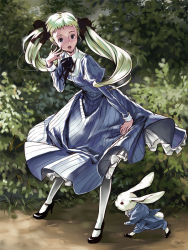Rule 34 | 1girl, alice (alice in wonderland), alice in wonderland, animal, blonde hair, blue eyes, dress, formal, frills, full body, hair ribbon, high heels, lingerie, long hair, mary janes, outdoors, pantyhose, petticoat, rabbit, ribbon, road, shoes, solo, standing, striped, suit, surprised, tomiwo, tree, twintails, underwear, victorian, white pantyhose, white rabbit (alice in wonderland)