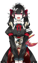 Rule 34 | 1girl, apron, bandages, black hair, blunt bangs, bow, breasts, collar, cowboy shot, earrings, fangs, hair bow, hair ornament, jewelry, karei, long hair, long sleeves, looking at viewer, maid, maid headdress, medium breasts, mole, mole under eye, neck ribbon, open mouth, original, red apron, red bow, red eyes, red ribbon, ribbon, sidelocks, simple background, solo, standing, sword earrings, teeth, twintails, virtual youtuber, white background