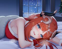 1girl alternate_costume bare_shoulders bed_sheet blue_eyes blush circlet commentary ewaaawa fake_horns frost fur-trimmed_gloves fur_trim genshin_impact gloves hat highres horns indoors long_hair looking_at_viewer lying night nilou_(genshin_impact) on_stomach open_mouth paid_reward_available parted_bangs parted_lips red_gloves red_hat solo strapless under_covers very_long_hair window