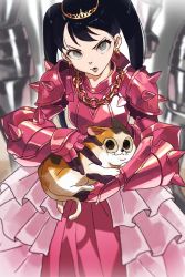 Rule 34 | 1girl, 2others, animal, armor, armored dress, black hair, cat, chain, dress, earrings, gauntlets, green eyes, hair behind ear, heart, highres, holding, holding animal, jewelry, looking at viewer, looking up, lower teeth only, multiple others, open mouth, original, pink armor, pink dress, princess, solo, spiked pauldrons, spikes, teeth, toot, twintails, v-shaped eyebrows, vambraces