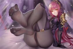 Rule 34 | 1girl, cleft of venus, fate/grand order, fate (series), feet, highres, long hair, looking at viewer, no panties, pantyhose, parted lips, pussy, red eyes, red hair, scathach (fate), soles, steam, toes