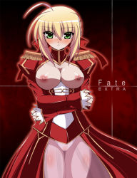 Rule 34 | 00s, 10s, 1girl, ahoge, bad id, bad pixiv id, blonde hair, blush, breastless clothes, breasts, epaulettes, fate/extra, fate/stay night, fate (series), green eyes, kaga taichi, large breasts, nero claudius (fate), nero claudius (fate) (all), nero claudius (fate/extra), nipples, no bra, no panties, saga taichi, see-through, solo