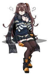 Rule 34 | 1girl, absurdres, annoyed, black skirt, black thighhighs, blue shirt, brown hair, girls&#039; frontline, grey scarf, haho, highres, long hair, official alternate costume, orange eyes, pout, scarf, shirt, skirt, solo, thighhighs, thighs, ump45 (&quot;just this time.&quot;) (girls&#039; frontline), ump45 (girls&#039; frontline), very long hair, white background, zettai ryouiki
