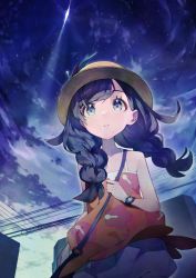 Rule 34 | 1girl, bag, black hair, braid, brown hat, commentary request, creatures (company), eyelashes, floral print, from below, game freak, grey eyes, hat, highres, holding strap, long hair, night, night sky, nintendo, outdoors, parted lips, pokemon, pokemon usum, power lines, rindoriko, selene (pokemon), shirt, shorts, shoulder bag, sky, sleeveless, sleeveless shirt, solo, twin braids, white shorts