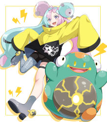 Rule 34 | 1girl, :d, absurdres, bellibolt, black shorts, boots, commentary request, creatures (company), game freak, green hair, grey footwear, grey pantyhose, highres, iono (pokemon), jacket, knees, leg up, long hair, multicolored hair, nintendo, open mouth, pantyhose, pokemon, pokemon (creature), pokemon sv, purple hair, ryuryu mt, sharp teeth, shorts, single leg pantyhose, sleeves past fingers, sleeves past wrists, smile, star (symbol), star print, teeth, thigh strap, tongue, twintails, two-tone hair, upper teeth only, yellow jacket