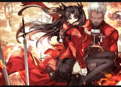 Rule 34 | 1boy, 1girl, archer (fate), armor, black thighhighs, blue eyes, carrying, closed eyes, command spell, dark-skinned male, dark skin, fate/stay night, fate (series), hair ribbon, highres, jewelry, long hair, long legs, pendant, ribbon, saberiii, short hair, skirt, sword, thighhighs, tohsaka rin, two side up, unlimited blade works (fate), weapon, white hair, zettai ryouiki