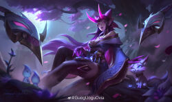 Rule 34 | 1girl, absurdres, artist name, bare shoulders, breasts, chinese commentary, cleavage, evelynn (league of legends), eyeshadow, falling petals, fox, glowing, glowing eyes, guoguoguovia, highres, large breasts, league of legends, long sleeves, makeup, moon, moonlight, official alternate costume, official alternate hairstyle, outdoors, parted lips, petals, pointy ears, purple eyes, purple hair, signature, sitting, solo, spirit blossom evelynn, tree, wide sleeves