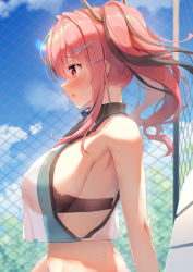 Rule 34 | 1girl, :o, armpits, azur lane, bare shoulders, black bra, blue sky, bra, breasts, bremerton (azur lane), bremerton (scorching-hot training) (azur lane), chain-link fence, cloud, commentary request, crop top, crop top overhang, day, fence, from side, hair ornament, hairclip, highres, large breasts, long hair, looking away, midriff, multicolored hair, nijihashi sora, outdoors, parted lips, pink eyes, pink hair, profile, see-through, shirt, sideboob, sky, sleeveless, sleeveless shirt, solo, sweat, twintails, two-tone hair, underwear, upper body, x hair ornament