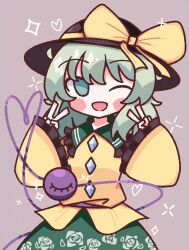 Rule 34 | 1girl, ;d, absurdres, black hat, blush, bow, buttons, diamond button, double v, floral print, frilled shirt collar, frilled sleeves, frills, green eyes, green hair, green skirt, hair between eyes, hat, hat bow, heart, heart of string, highres, komeiji koishi, light green hair, long sleeves, looking at viewer, medium hair, one eye closed, open mouth, rose print, shirt, simple background, skirt, smile, solo, star (symbol), third eye, touhou, v, waroemon, yellow bow, yellow shirt