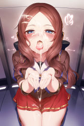 Rule 34 | 1girl, black bow, blue eyes, blue neckerchief, blush, bow, breasts, brown hair, brown shirt, cum, cum in mouth, cum on tongue, cupping hands, ejaculation, facial, fate/grand order, fate (series), forehead, hair bow, headphones, highres, leonardo da vinci (active sailor) (fate), leonardo da vinci (fate), leonardo da vinci (fate/grand order), leonardo da vinci (rider) (fate), long hair, looking at viewer, m-da s-tarou, neckerchief, open mouth, own hands together, parted bangs, ponytail, puff and slash sleeves, puffy short sleeves, puffy sleeves, red skirt, sailor collar, shirt, short sleeves, sitting, skirt, small breasts, solo, thighs, tongue, tongue out, white sailor collar
