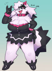 Rule 34 | 1girl, black dress, bracelet, breasts, cleavage, collar, creatures (company), dress, full body, furry, galarian form, game freak, gen 3 pokemon, hair over one eye, highres, jewelry, large breasts, miniskirt, nintendo, open mouth, pink eyes, pokemon, shortstack, skirt, smile, spiked bracelet, spikes, suigi, tail, thick thighs, thighs, tongue, v, white hair, zigzagoon