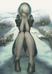 Rule 34 | 1girl, absurdres, black dress, black footwear, black hairband, blue eyes, boots, breasts, cleavage, closed mouth, dress, full body, hair over one eye, hairband, highres, knees up, leotard, leotard under clothes, looking at viewer, medium breasts, nier (series), nier:automata, one eye covered, puffy short sleeves, puffy sleeves, rain, short hair, short sleeves, sitting, smile, solo, standing, tollrin-senpai, torn blindfold, white leotard, 2b (nier:automata)