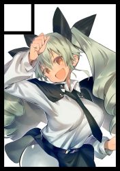 Rule 34 | 10s, 1girl, anchovy (girls und panzer), anzio school uniform, blush, breasts, cape, drill hair, fbc, female focus, girls und panzer, hair ribbon, happy, large breasts, long hair, looking at viewer, military, necktie, open mouth, ribbon, school uniform, skirt, smile, solo, twin drills, twintails, uniform, white legwear