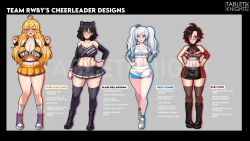 Rule 34 | 4girls, black hair, black thighhighs, blake belladonna, blonde hair, blue eyes, blush, boots, breasts, cheerleader, choker, cleavage, cleavage cutout, clothing cutout, earrings, english text, grey eyes, highres, huge breasts, jewelry, knight, large breasts, long hair, medium breasts, medium hair, miniskirt, multicolored hair, multiple girls, purple eyes, red hair, revealing clothes, ruby rose, rwby, scar, shoes, short hair, skirt, socks, tabletknight, thick thighs, thighhighs, thighs, toned, toned female, toned stomach, two-tone hair, underboob, underboob cutout, weiss schnee, white hair, white socks, wide hips, yang xiao long, yellow eyes