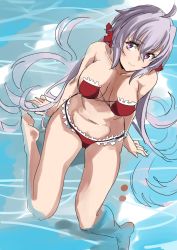 Rule 34 | 1girl, ahoge, barefoot, bikini, breasts, cleavage, frilled bikini, frills, from above, hair ornament, hair scrunchie, large breasts, long hair, looking at viewer, low twintails, lyrical denko, navel, partially submerged, purple hair, red bikini, scrunchie, senki zesshou symphogear, solo, swimsuit, twintails, very long hair, water, yukine chris