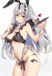 Rule 34 | 1girl, animal ears, bare arms, bikini, black bikini, black bow, black hair, blush, bow, braid, breasts, cleavage, cowboy shot, dedeko, detached collar, drink, fake animal ears, fish tattoo, frilled bikini, frills, grey hair, hair between eyes, hair ornament, highres, holding, holding tray, hololive, index finger raised, leg tattoo, leotard, long hair, looking at viewer, medium breasts, multicolored hair, nail polish, necktie, open mouth, playboy bunny, poker chip, rabbit ears, red eyes, revealing clothes, sakamata chloe, sidelocks, sleeveless, smile, solo, stomach, streaked hair, swimsuit, tattoo, thighs, tray, virtual youtuber, white necktie, wrist cuffs, x hair ornament