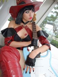 Rule 34 | arc system works, bare shoulders, boots, cosplay, guilty gear, guitar, hat, i-no, instrument, minami miki, photo (medium), tattoo, thigh boots, thighhighs, witch hat