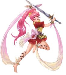 Rule 34 | 1girl, arm up, barefoot, bow, dancer, dress, feet, female focus, fire emblem, fire emblem: mystery of the emblem, fire emblem heroes, full body, hair bow, highres, holding, holding sword, holding weapon, jewelry, leg up, long hair, matching hair/eyes, mayo (becky2006), nintendo, non-web source, official art, open mouth, phina (fire emblem), pink eyes, pink hair, short dress, short sleeves, sidelocks, solo, sword, toes, transparent background, weapon