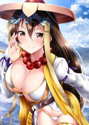 Rule 34 | 1girl, bad id, bad twitter id, beads, bikini, bikini under clothes, blue sky, blush, breasts, brown eyes, brown hair, cleavage, cloud, cloudy sky, day, earrings, fate/grand order, fate (series), garana, hair between eyes, hand up, hat, headgear, hip focus, hoop earrings, jewelry, large breasts, leaning forward, lens flare, long hair, long sleeves, looking at viewer, mountain, navel, necklace, outdoors, prayer beads, sky, smile, solo, sunlight, swimsuit, white bikini, xuangzang sanzang (fate)