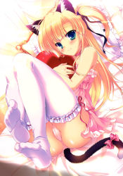 Rule 34 | 1girl, absurdres, animal ears, ass, babydoll, bed, blonde hair, blue eyes, bow, cat ears, cat tail, feet, heart, heart-shaped pillow, highres, lingerie, long hair, lying, mikeou, no shoes, hugging object, panties, pillow, pillow hug, pink panties, soles, solo, tail, tail bow, tail ornament, thighhighs, toes, two side up, underwear, white thighhighs