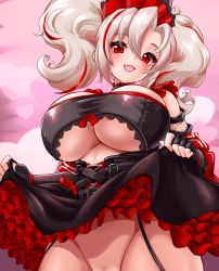 Rule 34 | 1girl, azur lane, breasts, clothing cutout, from below, fur-trimmed kimono, fur trim, highres, japanese clothes, kimono, large breasts, lifted by self, maid, mud (artist), multicolored hair, no panties, official alternate costume, open mouth, prinz adalbert (after-hours service) (azur lane), prinz adalbert (azur lane), red eyes, short twintails, solo, streaked hair, twintails, underboob cutout