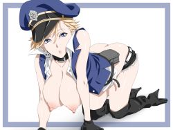 Rule 34 | 1girl, all fours, arm support, black thighhighs, blonde hair, blue eyes, boots, breasts, butt crack, collar, earrings, female focus, hanging breasts, hat, highres, jewelry, large breasts, looking at viewer, nipples, no bra, open clothes, open shirt, original, peaked cap, shirt, short hair, shorts, solo, thigh boots, thighhighs, tingesukan