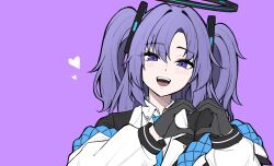 Rule 34 | 1girl, black gloves, blue archive, blue necktie, blush, collared shirt, gloves, hair between eyes, hair ornament, halo, heart, heart hands, highres, long hair, long sleeves, looking at viewer, necktie, open mouth, purple background, purple eyes, purple hair, reia 76, shirt, simple background, smile, solo, teeth, twintails, upper body, upper teeth only, white shirt, yuuka (blue archive)
