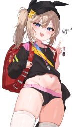 Rule 34 | 1girl, absurdres, backpack, bag, bag charm, black hat, black panties, black survival, blue eyes, blush, breasts, charm (object), commentary, dasi (kwts3227), english commentary, eternal return: black survival, hair between eyes, hair ornament, hat, heart, highres, korean text, leni (black survival), light brown hair, long hair, looking at viewer, navel, open mouth, panties, randoseru, side ponytail, simple background, small breasts, solo, sweat, teeth, thighhighs, translation request, underwear, upper teeth only, v, whistle, whistle around neck, white background, white thighhighs