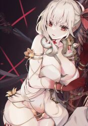 Rule 34 | 1girl, armlet, bare shoulders, belly chain, blush, body markings, bracelet, breasts, cleavage, collarbone, colored skin, durga (fate), earrings, facial mark, fate/grand order, fate (series), fukiya (fumiakitoyama), gradient skin, grey hair, hair ribbon, highres, jewelry, large breasts, long hair, looking at viewer, navel, parted lips, pelvic curtain, red eyes, red skin, revealing clothes, ribbon, sash, snake, solo, thighs, very long hair, weapon
