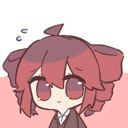 1girl ahoge alternate_costume chibi chibi_only closed_mouth drill_hair flying_sweatdrops hyouenn kasane_teto looking_at_viewer portrait red_eyes red_hair smile solo twin_drills utau