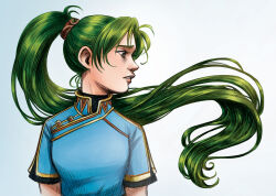 Rule 34 | 1girl, china dress, chinese clothes, commentary, courtneygodbey, curtained hair, drawing, dress, english commentary, fire emblem, fire emblem: the blazing blade, from side, green eyes, lyn (fire emblem), nintendo, portrait, short sleeves, simple background, solo, two-tone background, upper body