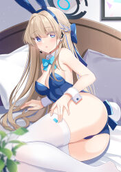 Rule 34 | 1girl, :o, absurdres, animal ears, ass, bare shoulders, bed, blonde hair, blue archive, blue bow, blue eyes, blue hairband, blue leotard, bow, bowtie, braid, breasts, detached collar, earpiece, earrings, fake animal ears, fake tail, fengshen chino, hairband, halo, highleg, highleg leotard, highres, jewelry, leotard, long hair, lying, medium breasts, microphone, official alternate costume, official alternate hairstyle, on bed, on side, open mouth, pillow, playboy bunny, rabbit ears, rabbit tail, stud earrings, tail, thighhighs, thighs, toki (blue archive), toki (bunny) (blue archive), very long hair, white thighhighs, wrist cuffs