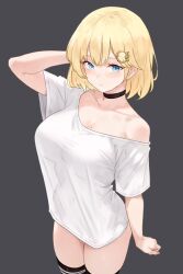 Rule 34 | 1girl, absurdres, black background, black choker, blonde hair, blue eyes, bluefield, breasts, choker, closed mouth, collarbone, commentary, hair ornament, highres, hololive, hololive english, large breasts, looking at viewer, medium breasts, mole, mole on breast, o-ring, off shoulder, oversized clothes, oversized shirt, shirt, short hair, short sleeves, simple background, solo, striped clothes, striped thighhighs, t-shirt, thighhighs, thighs, virtual youtuber, watson amelia, white shirt
