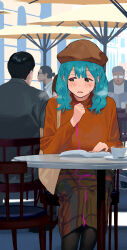 Rule 34 | 1girl, bag, beret, black pantyhose, blue hair, blush, book, braid, breath, brown headwear, cafe, cappuccino, clenched hand, cup, day, green eyes, half-closed eyes, hand up, hat, heavy breathing, highres, holding, legs together, long skirt, long sleeves, looking to the side, medium hair, multicolored clothes, multicolored skirt, multiple boys, on chair, open book, open mouth, orange sweater, original, outdoors, pantyhose, plaid, plaid skirt, public indecency, public vibrator, remote control vibrator, saucer, sex toy, shoulder bag, sidelocks, sitting, skirt, solo focus, some1else45, spoon, sweat, sweater, table, teacup, twin braids, vibrator, vibrator cord, vibrator under clothes